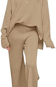 MEROKEETY Women's 2 Piece Outfit Sets Long Sleeve Button Knit Pullover Sweater and Pants Lounge Sets