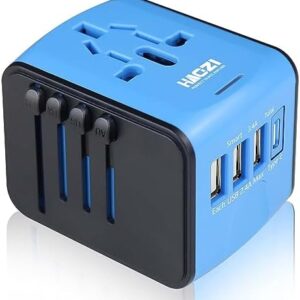 Travel Adapter, HAOZI Universal Travel Adapter - 3 USB + 1 Type C in One Travel Charger with UK/US/AUS/EU Plugs and Socket, International Power Adapter Wall Charger (Type-c Blue)