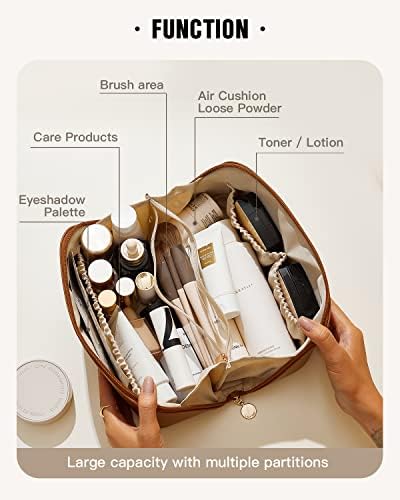 EACHY Travel Makeup Bag,Large Capacity Cosmetic Bags for Women,Waterproof Portable Pouch Open Flat Toiletry Bag Make up Organizer with Divider and Handle (Brown, Medium) - Image 2