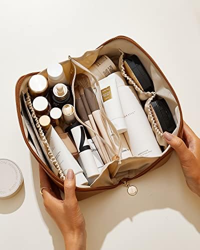 EACHY Travel Makeup Bag,Large Capacity Cosmetic Bags for Women,Waterproof Portable Pouch Open Flat Toiletry Bag Make up Organizer with Divider and Handle (Brown, Medium) - Image 8