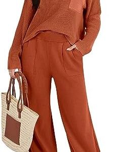 Caracilia Womens 2 Piece Outfits Sweater Sets Long Sleeve Knit Tops and Loose Pants Classy Matching Tracksuit Lounge Sets