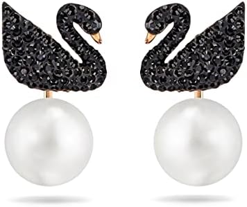 SWAROVSKI Iconic Swan Necklace and Earrings Collection, Rose Gold Tone Finish, Black Crystals