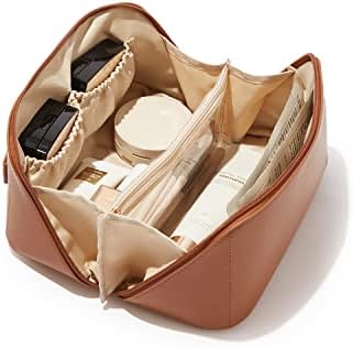 EACHY Travel Makeup Bag,Large Capacity Cosmetic Bags for Women,Waterproof Portable Pouch Open Flat Toiletry Bag Make up Organizer with Divider and Handle (Brown, Medium)