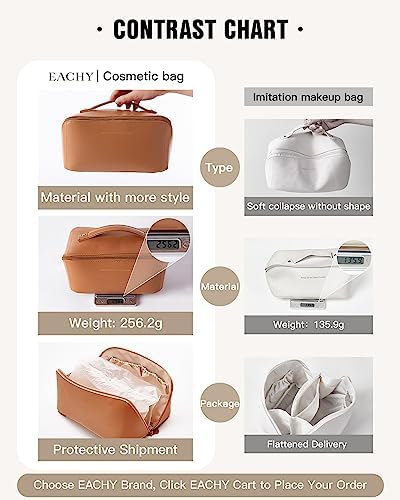 EACHY Travel Makeup Bag,Large Capacity Cosmetic Bags for Women,Waterproof Portable Pouch Open Flat Toiletry Bag Make up Organizer with Divider and Handle (Brown, Medium) - Image 4