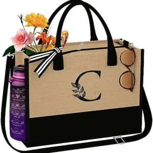 AUNOOL Initial Tote Bag for Women - Bridesmaid Gifts Bridal Shower Gifts Bride Beach Bag with Zipper Pocket Personalized Teacher Tote Bag Graduation Gifts for her, Monogrammed Gift Embroidery Letter C