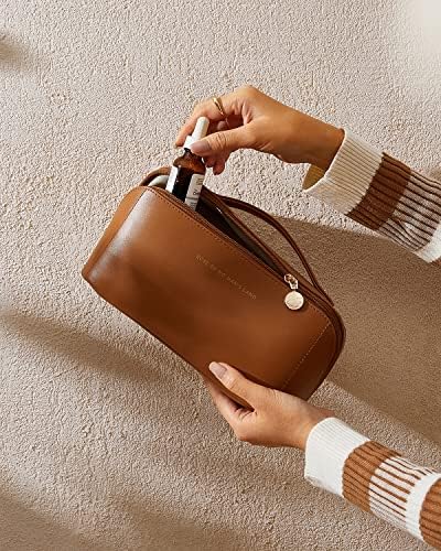 EACHY Travel Makeup Bag,Large Capacity Cosmetic Bags for Women,Waterproof Portable Pouch Open Flat Toiletry Bag Make up Organizer with Divider and Handle (Brown, Medium) - Image 9