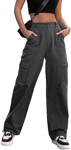 ZMPSIISA Women High Waisted Cargo Pants Wide Leg Casual Pants 6 Pockets Combat Military Trousers