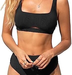 CUPSHE Bikini Set for Women Two Piece Bathing Suits High Waisted Square Neck Cutout Adjustable Straps Back Hook