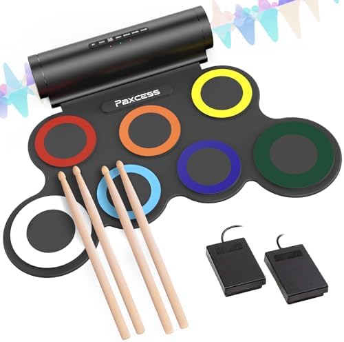 7 Pads Electronic Drum Set, Roll-Up Drum Practice Pad Drum Kit with Headphone Jack Built-in Speaker Drum Pedals Drum Sticks 10 Hours Playtime, Great Holiday Birthday Gift for Kids (4 * Drum Sticks)