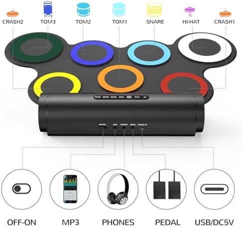 7 Pads Electronic Drum Set, Roll-Up Drum Practice Pad Drum Kit with Headphone Jack Built-in Speaker Drum Pedals Drum Sticks 10 Hours Playtime, Great Holiday Birthday Gift for Kids (4 * Drum Sticks) - Image 4