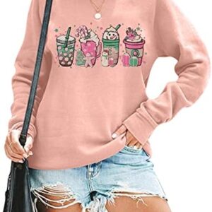 Women Christmas Coffee Cups Sweatshirt Snowman Retro Groovy Long Sleeve T-shirt Santa Cookies Lightweight Tee