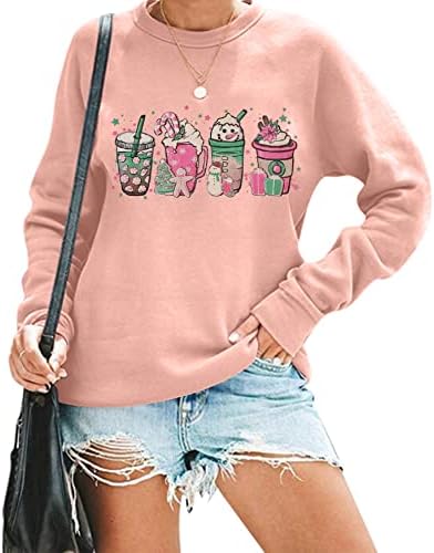 Women Christmas Coffee Cups Sweatshirt Snowman Retro Groovy Long Sleeve T-shirt Santa Cookies Lightweight Tee