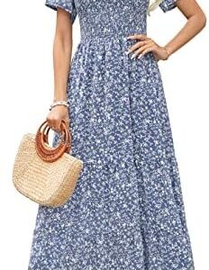 Kranda Women Summer Round Neck Flutter Short Sleeve Smocked Ruffle Tiered Floral Maxi Dress 2023