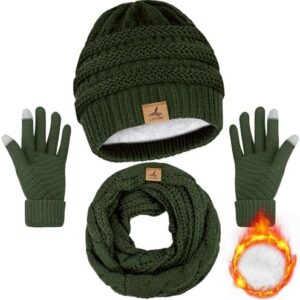 Winter Beanie Hat Scarf Gloves, Warm Fleece Knit Winter Hats Touch Screen Gloves Neck Scarf Set Winter Gifts for Women Men